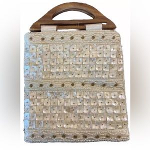 Iridescent Sea Shell Beaded Handbag Wood Handles